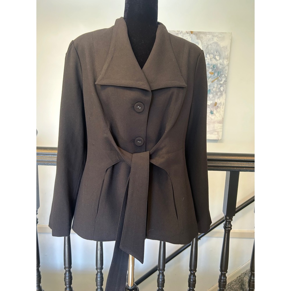 Svetlana Black Wool Blend Tie Waist Blazer Jacket Button Back Size 8